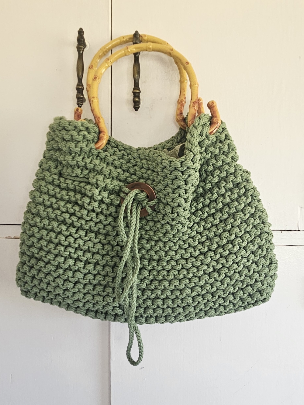 Hand-Knit Green Tote with Bamboo Handles